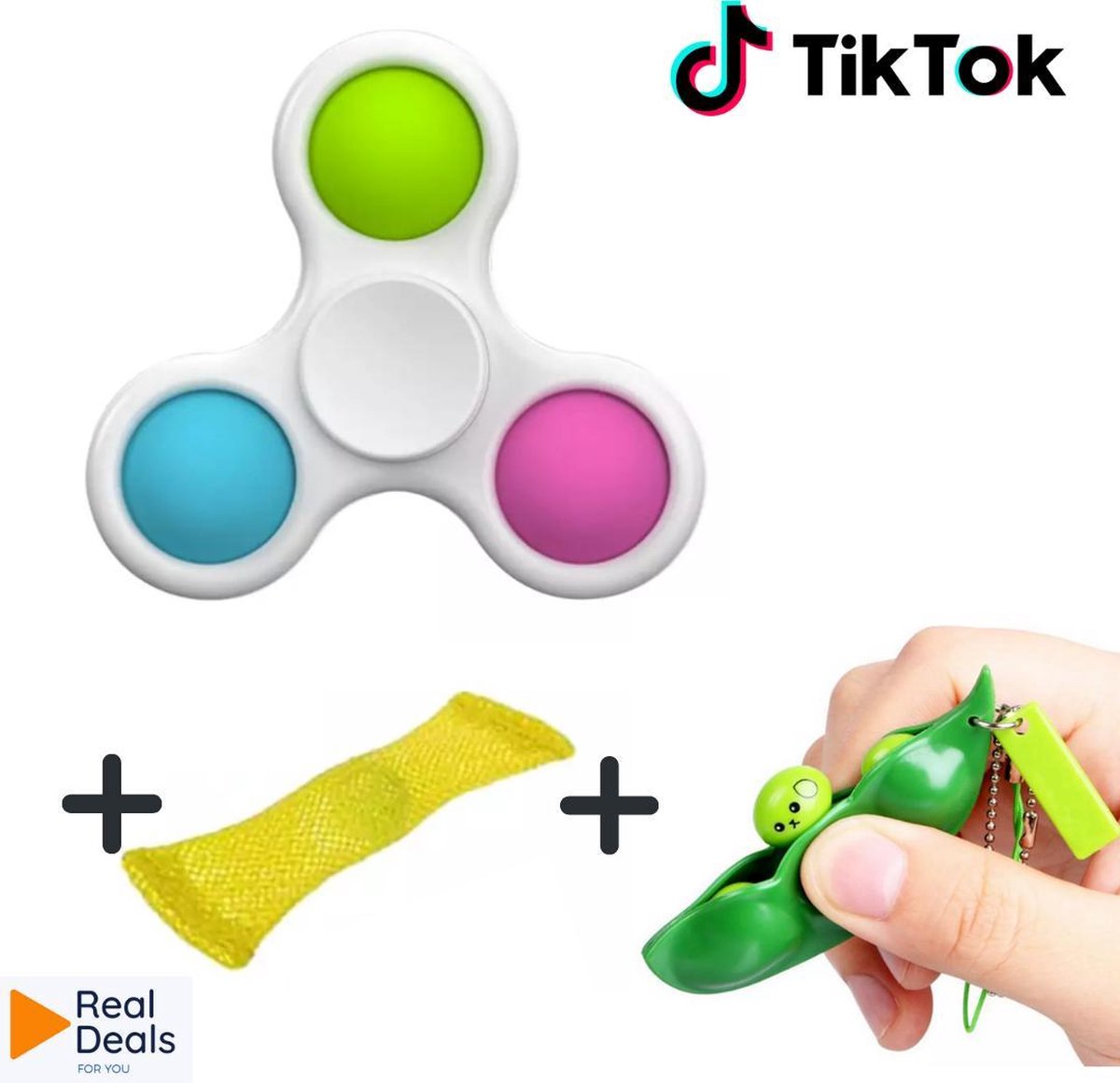 Fidget Toy Pakket:  Simple Dimple Spinner (Blauw – Roze – Groen) + Fidget Pea Bean Popper + Mesh and Marble Geel [RealDeals! Fidget Collection]